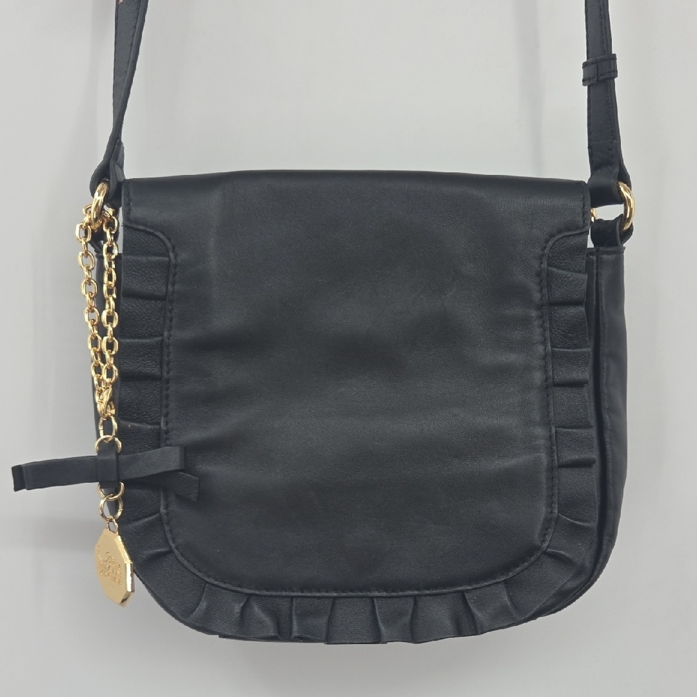 Women's Black Ruffle Crossbody Bag with Gold Charm